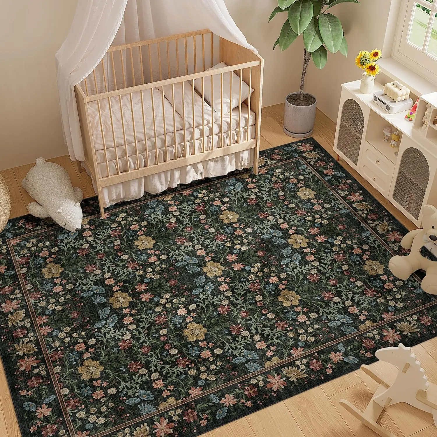 Vintage Floral Washable Rug with Non Slip Backing, Soft Low Pile & Non-Shedding Large Carpets for Bedroom, Farmhouse,Dining Room