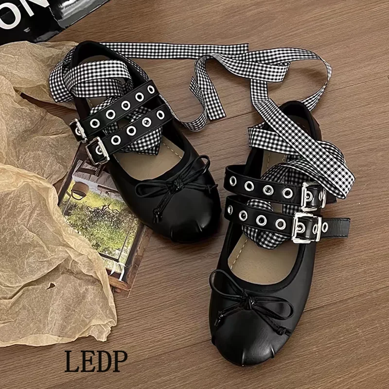 LEDP Ballet Flat Women French Retro Raised Bow Shallow Mouth 2024 Trend New Round Head Lace-up Single Shoes Kawaii Mary Jane Bow