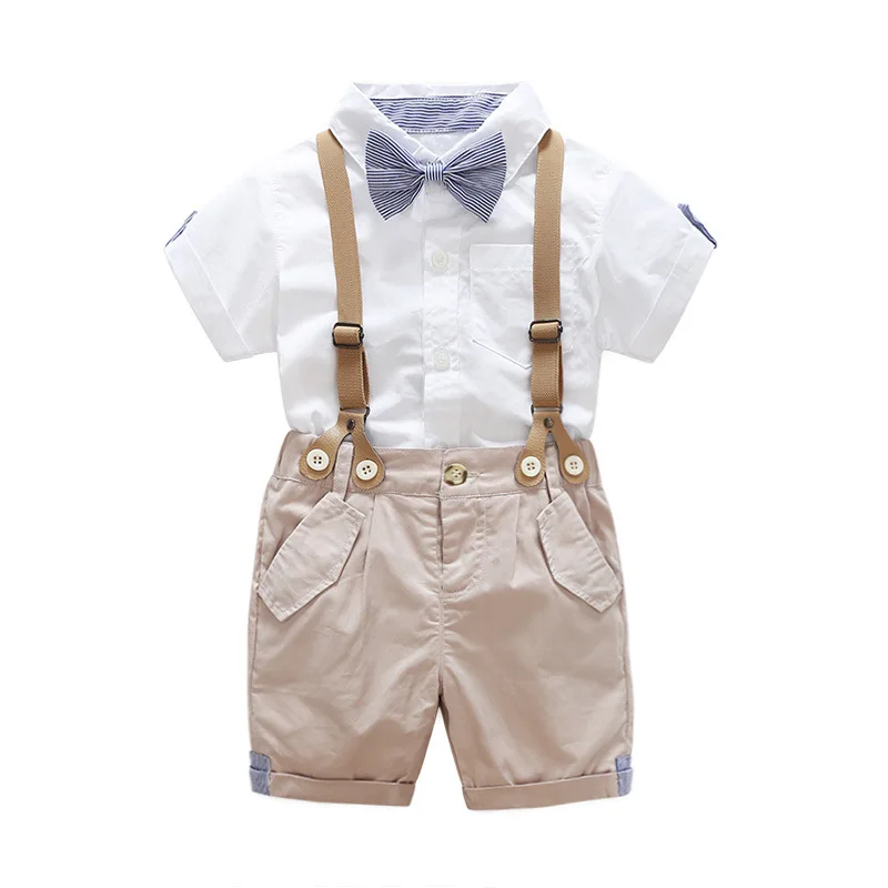 

Summer autumn children's wear Boys short-sleeved shirt + suspenders set 2-piece gentleman British dress 0-3 years old