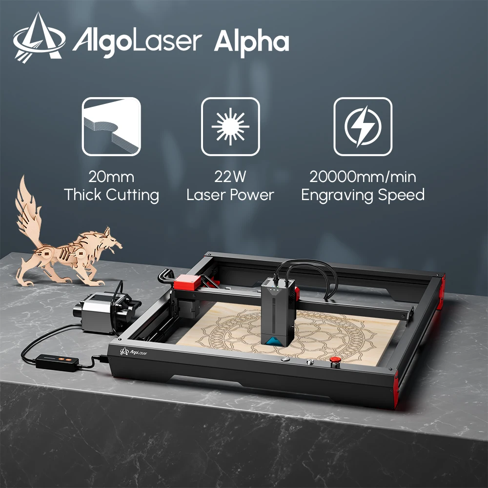 Algolaser Alpha 22W Laser Engraver with Auto Air Assist Pump 500+Color Engraving Fast Speed Support APP/Remote Control