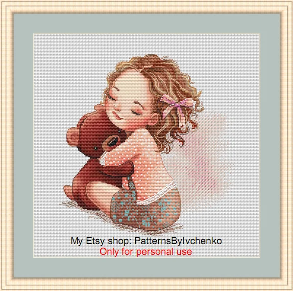 The Embrace of a Reverse Girl and a Teddy Bear Canvas Cross Stitch Embroidery Set Hobby Magic Room Decor