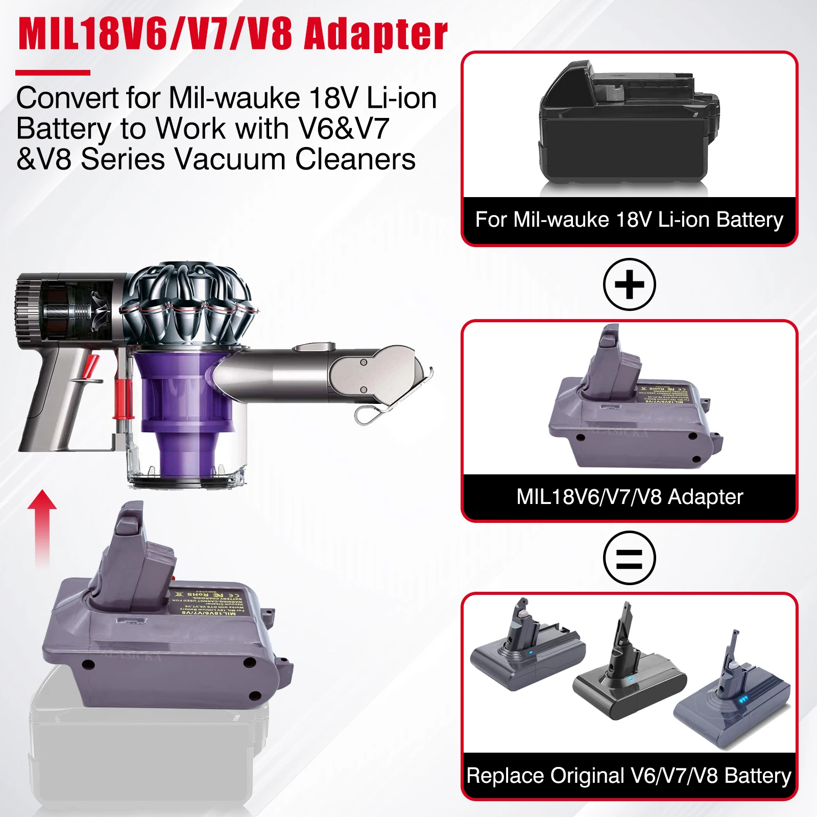 MIL18V6V7V8 Adattatore batteria 3 in 1 per batteria al litio Milwaukee 18V Converti in lavoro per aspirapolvere Dyson V8 V7 V6