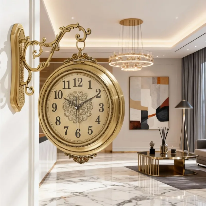 Double-side Silent Wall Clock Living Room Large Solid Wood Metal Clocks Wall Nordic Luxury Retro Golden Home Decoration Gift