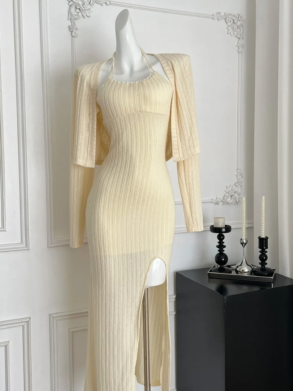 Chique Vroege Herfst Dames Faion Set Lange Sve Gebreid Open Vest Taille-Knijpen Band Dr Pittig Meisje Sle volwassen Grootte