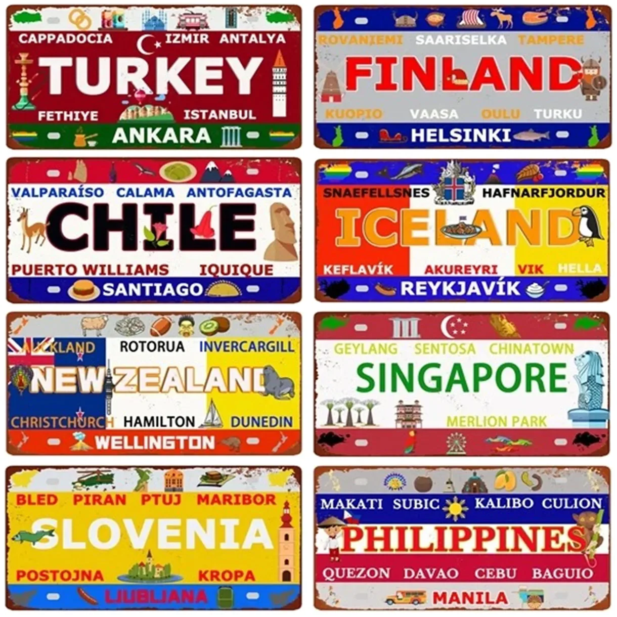 Chile Finland Iceland Flag Metal Tin Signs Vintage Plaque Auto License Plate Embossed Tag Garage Bars Pubs Clubs Home Wall Decor