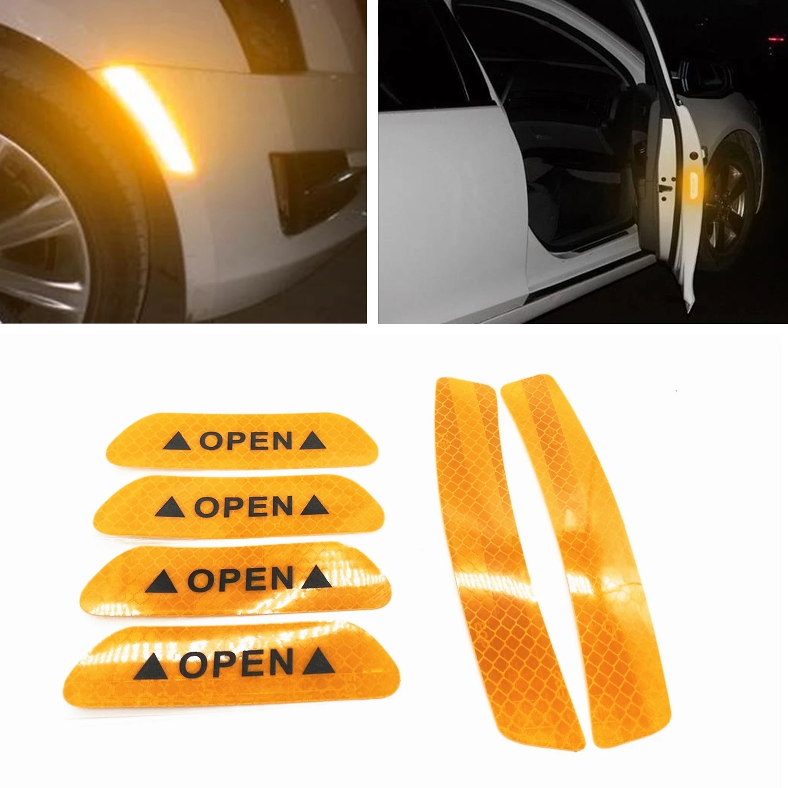 6PCS Car Door Warning Decal Sticker OPEN Reflective Yellow Anti-collision Cover Trim Strip Decoration For All Car Models