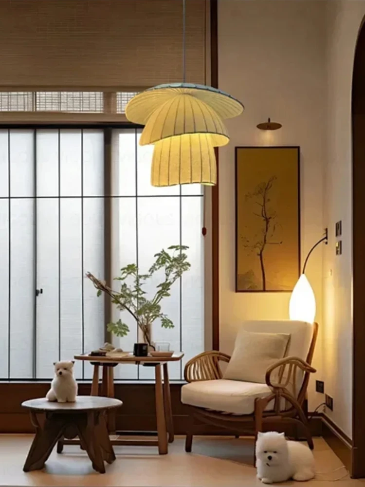Imitation Silk Fabric Pendant Light Japanese Wabi-Sabi Style for B&B Living Room Restaurant Tea Room Bar Designer Chandelier