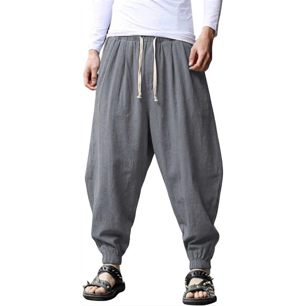 Mens Cotton Linen Casual Pants Korean Loose Drawstring Trousers Summer Streetwear Yoga and Gym Pants for Daily Outdoor Wear