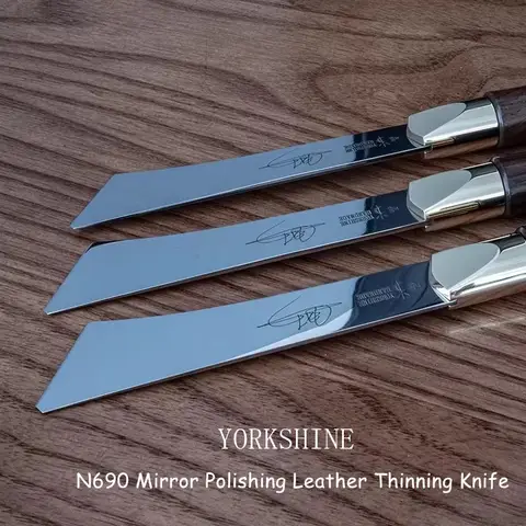 YORKSHINE N690 Skiving Knife – Walnut Wood H62 Brass 25x210mm 100mm Mirror‑Polished Blade Leather Edge Thinning DIY