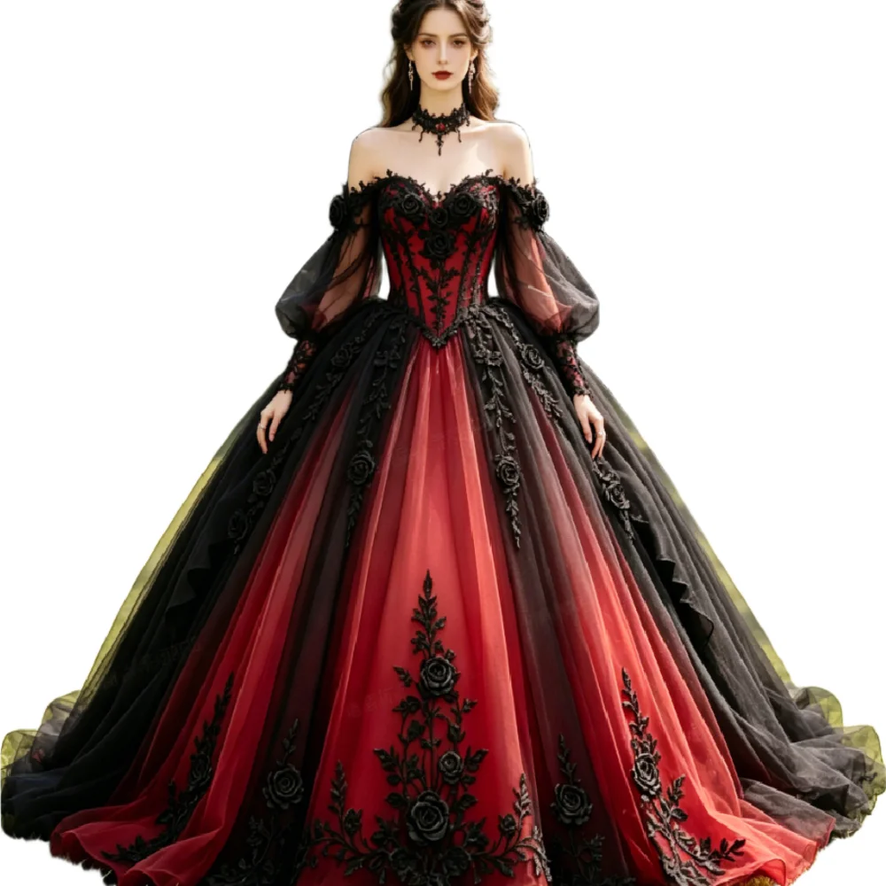 Vintage Dark Gothic Wedding Dress Off Shoulder Puff Sleeve Red Black Gradient Tulle Bridal With 3D Black Rose Lace Halloween