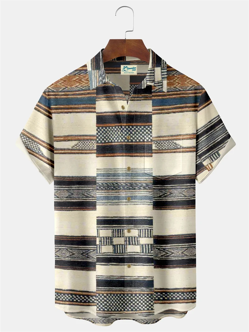 

Vintage Men's Shirt Summer Geometric Pattern Outdoor Casual Short Sleeve Tops Classic Stripe Printed 3D Printed Men's Clothing