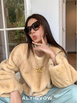 HDHOHR 2025 nuevo 100% abrigo de piel de visón auténtica, jersey de moda para mujer, abrigo de visón Natural esencial, prendas de vestir exteriores de color amarillo claro, chaqueta de invierno