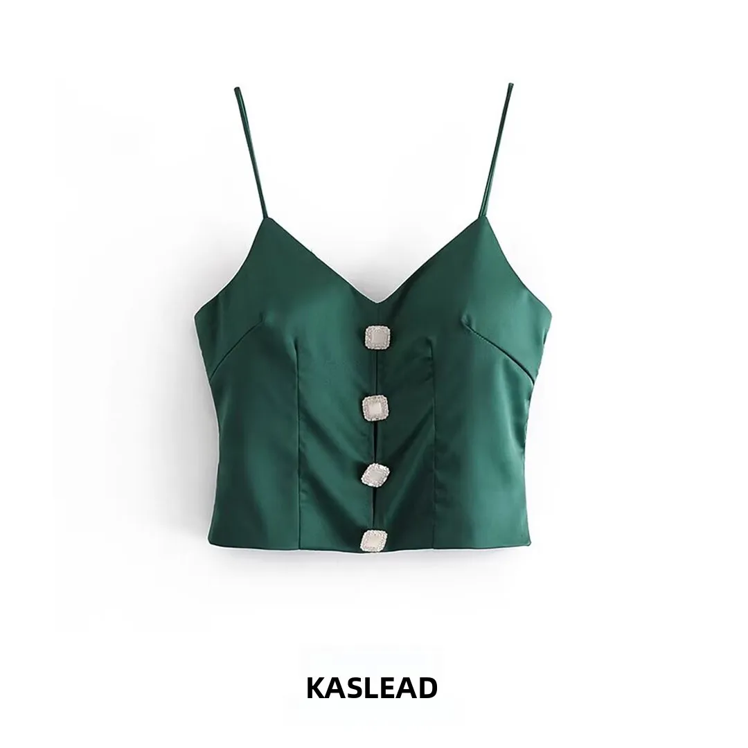 KASLEAD New Women's Fashion High-End Gem Buckle Pure Color Halter Top V-neck Short Length Polyester Fiber Outerwear