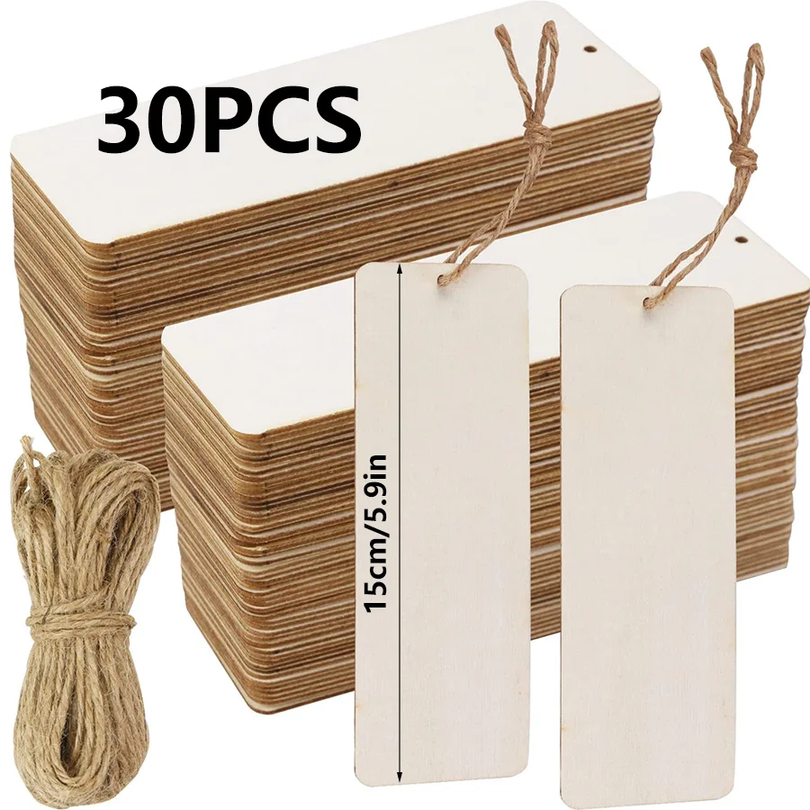 Bulk Pack 10/20/30 Large 6x2inch Blank Wooden Gift Tags Unpainted DIY Bookmarks with Holes And String for Crafting