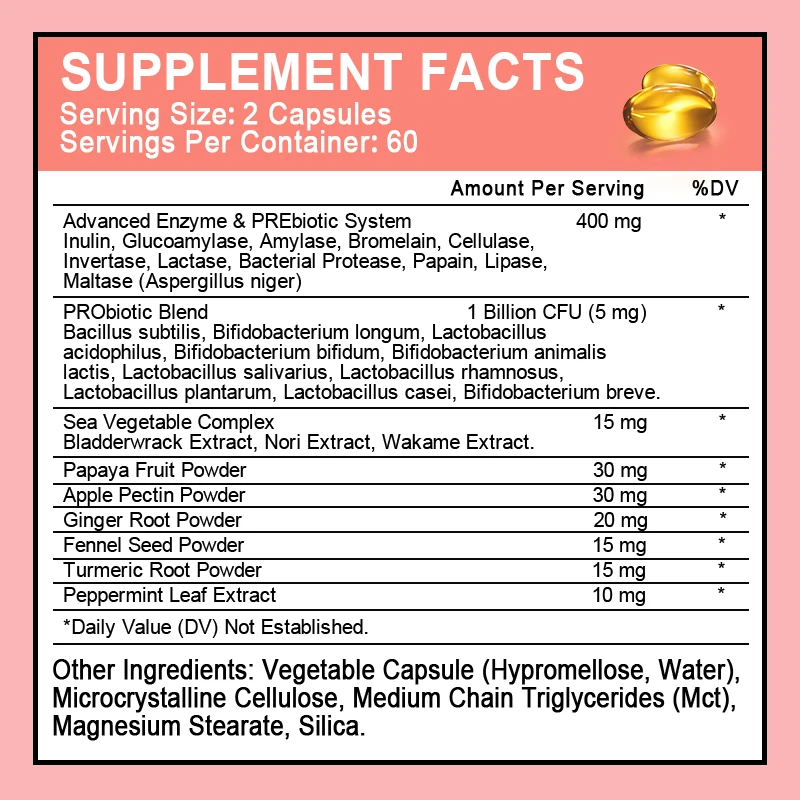 여성 및 남성을 위한 소화효소 캡슐, 유용한 박테리아, 면역 체계, 건강한 소화기, 가스 및 팽창 완화