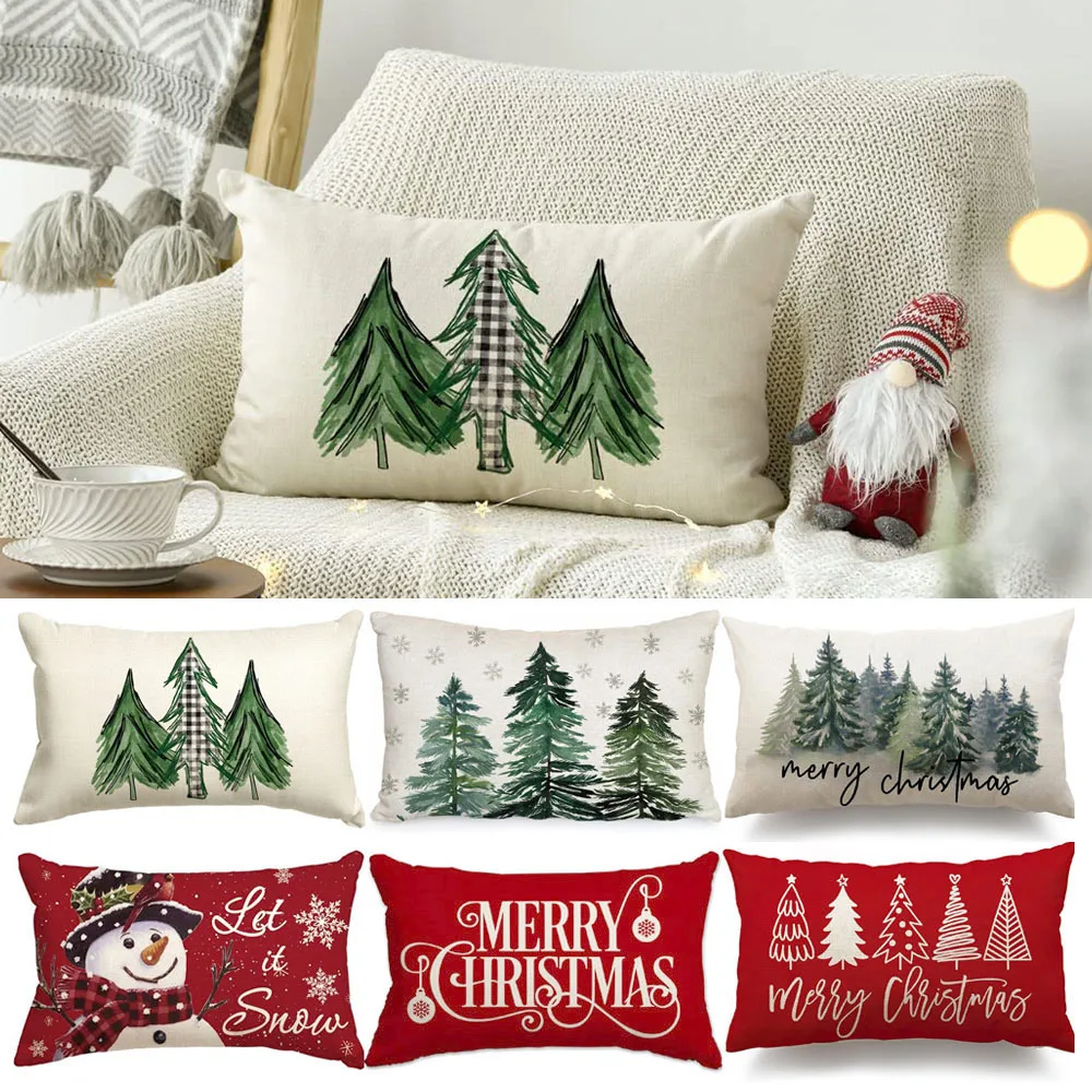 Merry Christmas Decorative Pillow Cover 30x50cm Linen Throw Pillowcase Xmas Tree Snowmen Letter Decor Pillowcase Cushion Cover