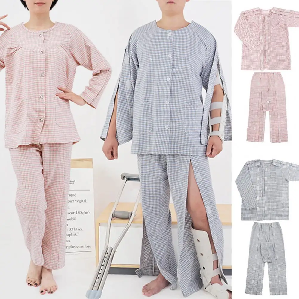 2 Pcs/Set Hospital Top Pants Set  Cardigan   Patient Top Pants Set Fasten Tape Easy to Wear Men Home Shirt Trousers Suit