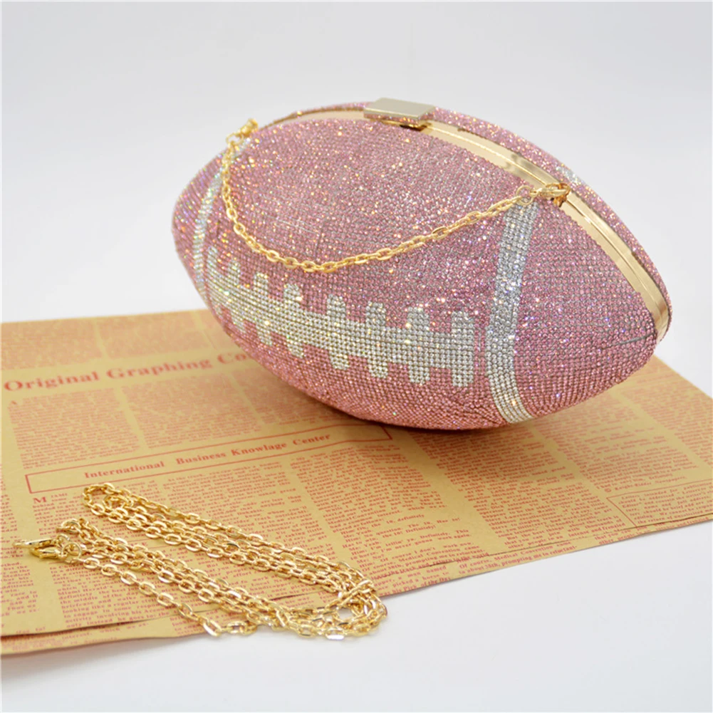 

Stylish Football Shape Evening Bag with Rhinestones for Weddings and Parties Spacious Diamond Purse with Chain