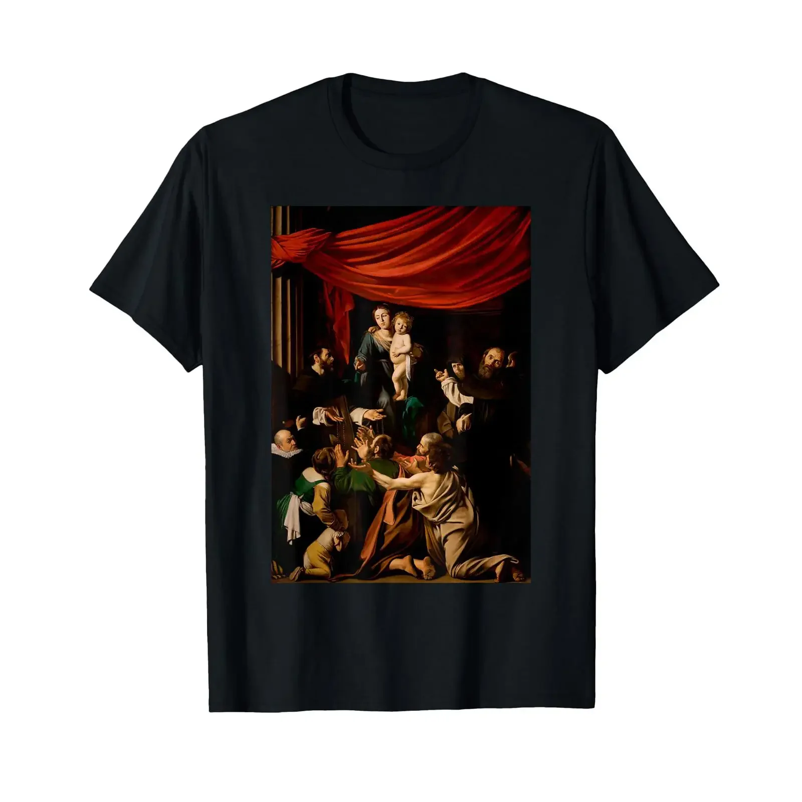 Camiseta con estampado de la Virgen del Rosario de Caravaggio, camiseta vintage lavada para uso diario, ropa de diseñador, versátil y transpirable