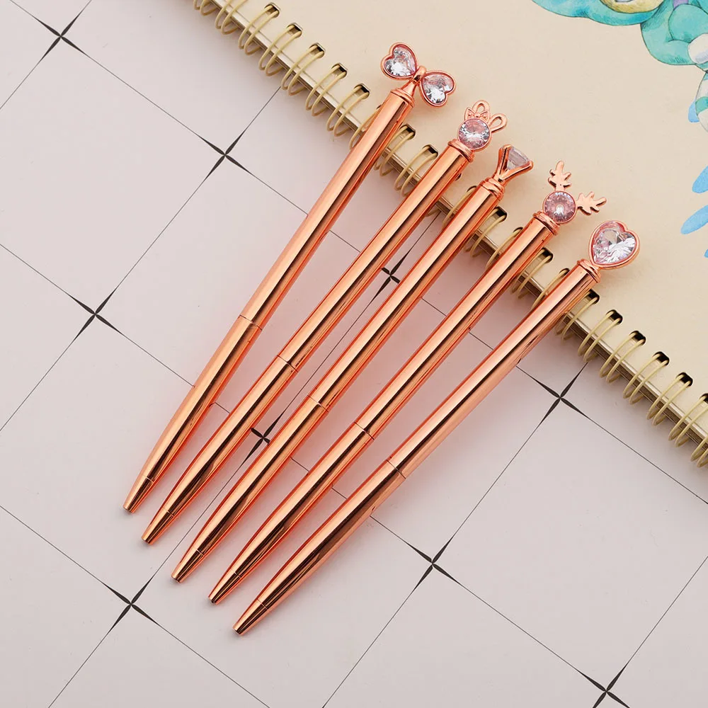 Lytwtw's Rhinestone Rose Gold Ballpoint Pen Luxury Cute Wedding Metal Stationery School Office Supplies 5 Pieces