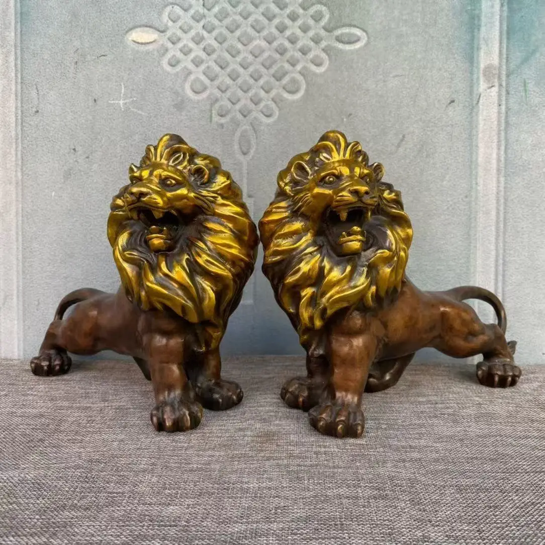 Chinese copper Guardian Foo Fu Dog Phylactery Door Lion Ball Kid Pair Statue