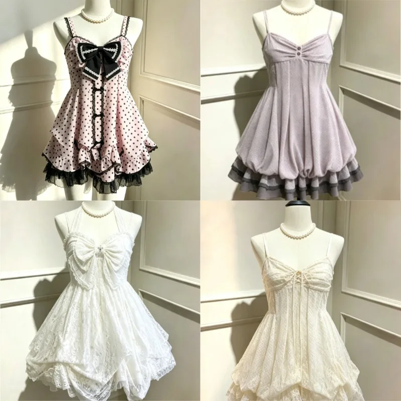2026 Japanischer Kawaii-Stil Schleifen-Lolita-Kleid für Damen, Vintage Süße Spitzenrüschen-Kuchenkleider, Harajuku Y2K Slim Bandage-Kleid Sommer