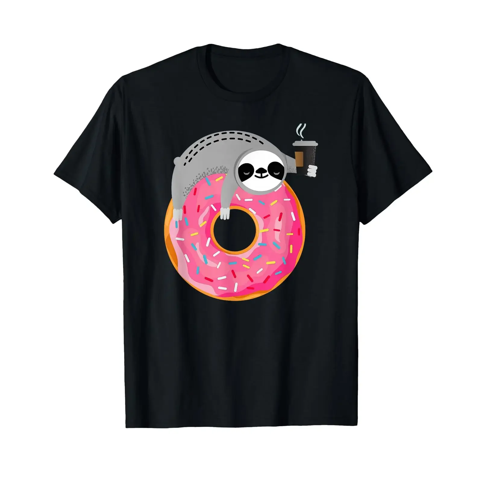 Sloth On Donut With Cup Of Steaming Coffee T Shirt vintage Washed Unisex Soft streetwear graphic designer clothes Slightly