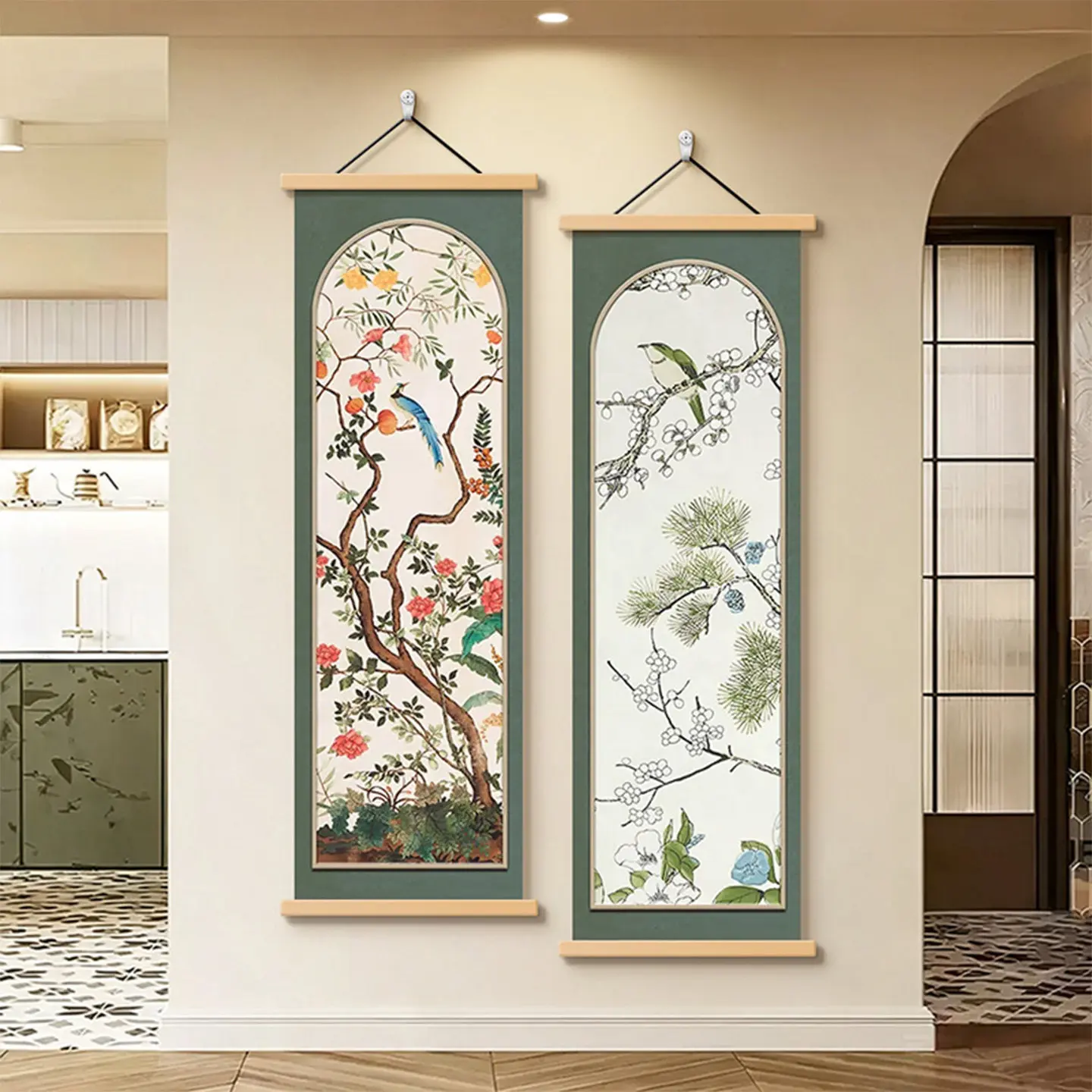 Wall Art Vintage Chinoiserie Birds and Flowers Pearlescent Canvas Hanging Scroll with Wooden Rods for Living Room Hallway Study