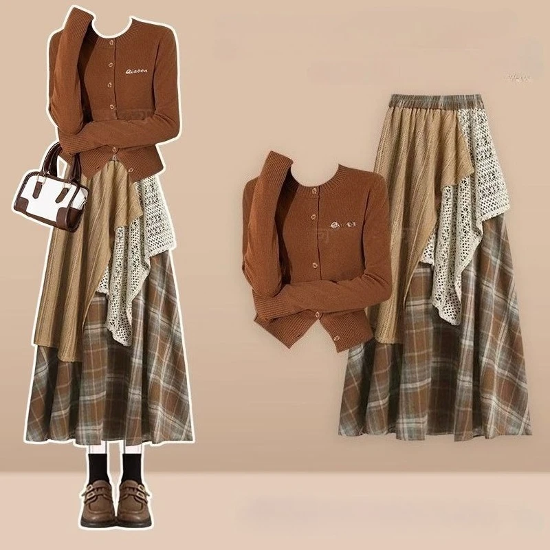 

Новые модные повседневные осенние комплекты с юбкой, женские элитные элегантные вязаные кардиганы с круглым вырезом и длинными рукавами + лоскутные юбки, комплект из двух предметов