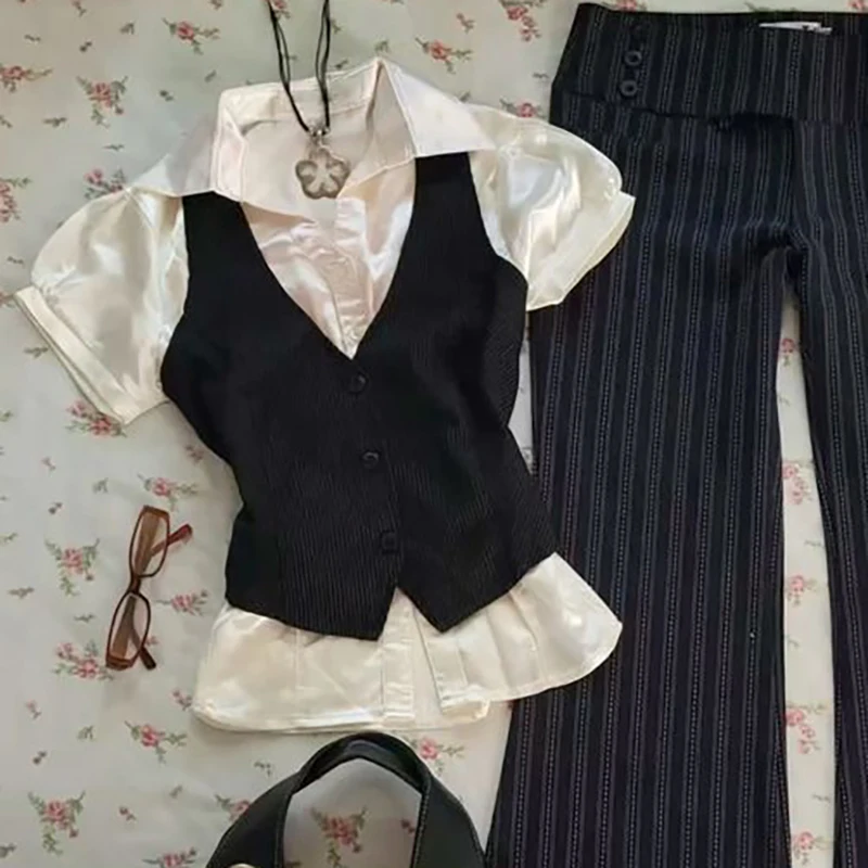 Y2k dulce camiseta gótica falsa 2 piezas Vintage Punk manga corta 2000s Top corto con botones ropa de mujer cuello Harajuku camisetas coreanas