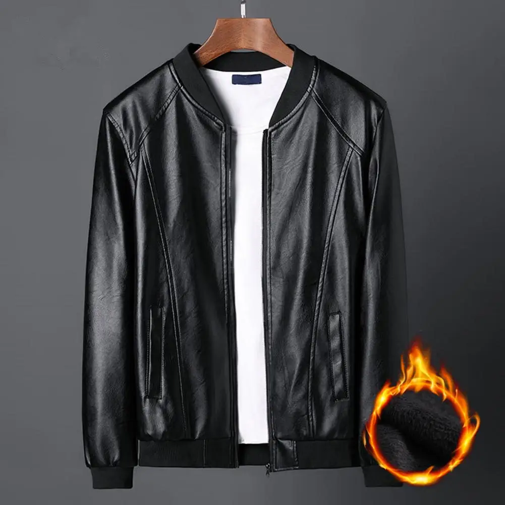 Men Jackets Coat Warm Plush Lining Stand Collar Leather Jacket Bomber Motorcycle Jacket Biker PU Baseball Jacket Men Outerwear