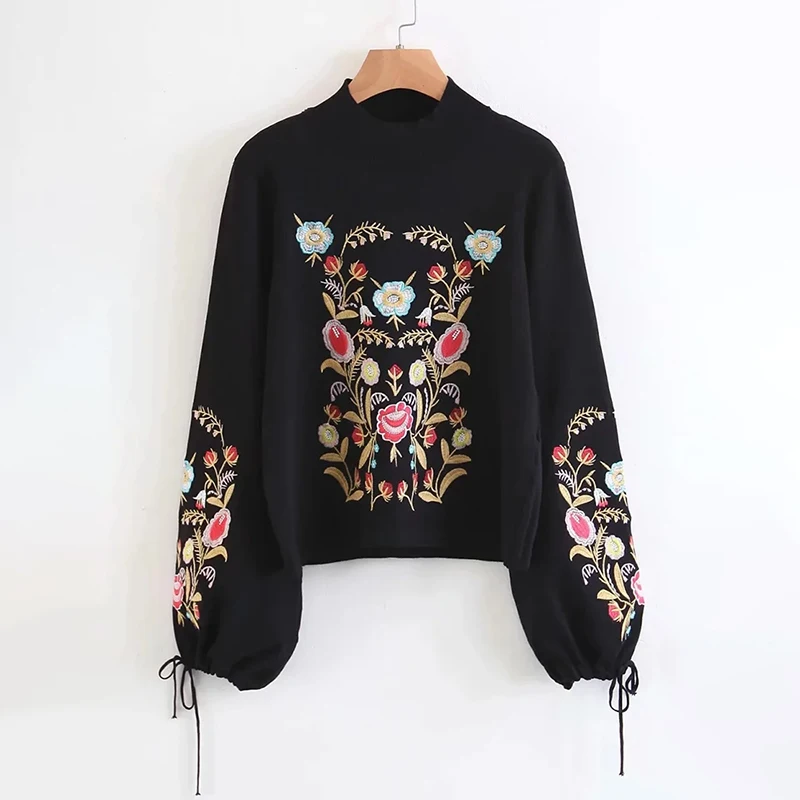 BPN Hit Color Patchwork Embroidery Knitting Sweaters For Women Turtleneck Long Sleeve Spliced Lace Up Pullover Sweater Female