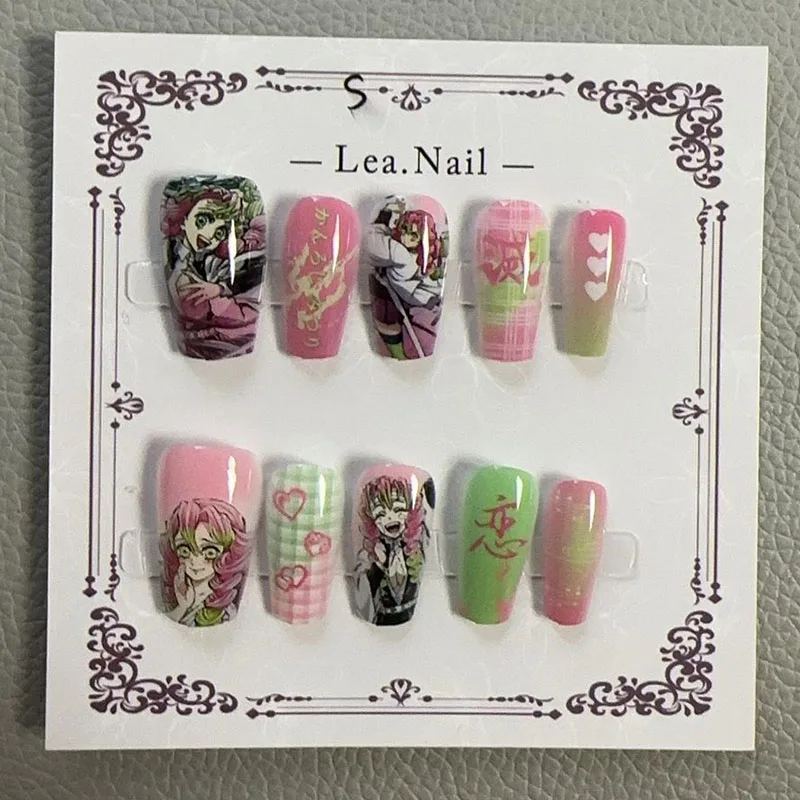 Lea.Nail Anime-Inspired Press-On Nails: Pink & Green Gradient Art with Hearts, Floral & Anime Designs | Cosplay-Ready 3D Accents