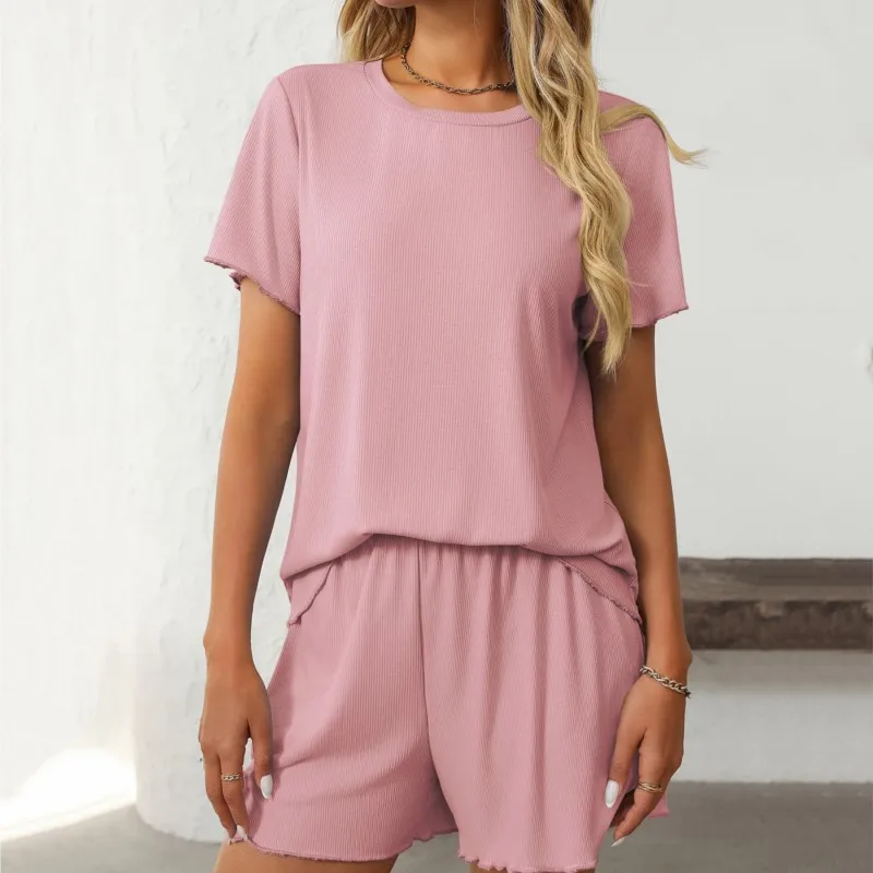 

Women's Knitted Shirt+Shorts Set Summer New Style Short Sleeve Shirt 2-piece Set