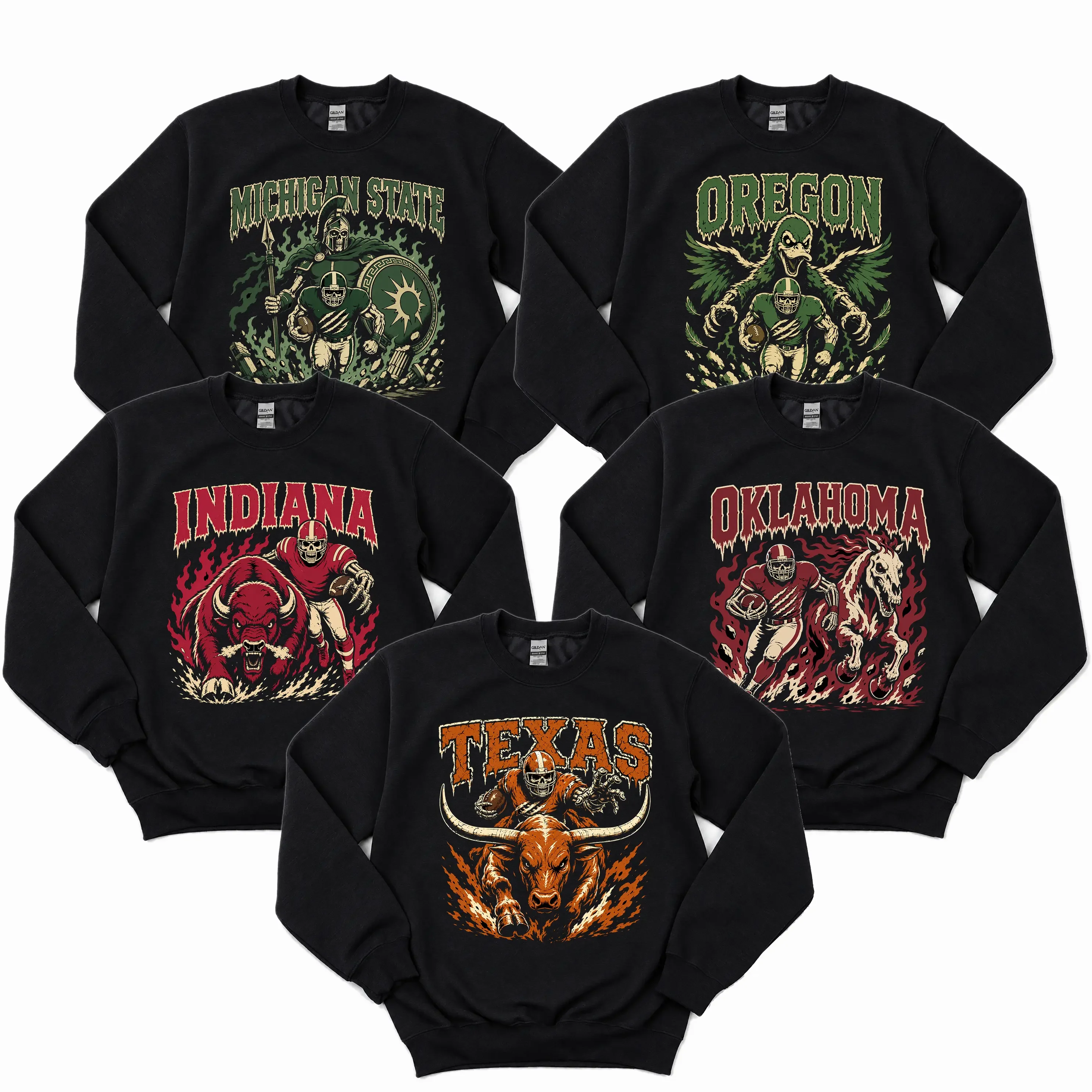 Vintage College Football Skull Sweatshirt Featuring All Teams, Spooky Football Sweatshirt, Classic 90s Game-Day Style, Perfect for Tailgates, Team Pride and Devoted Football Fans Too