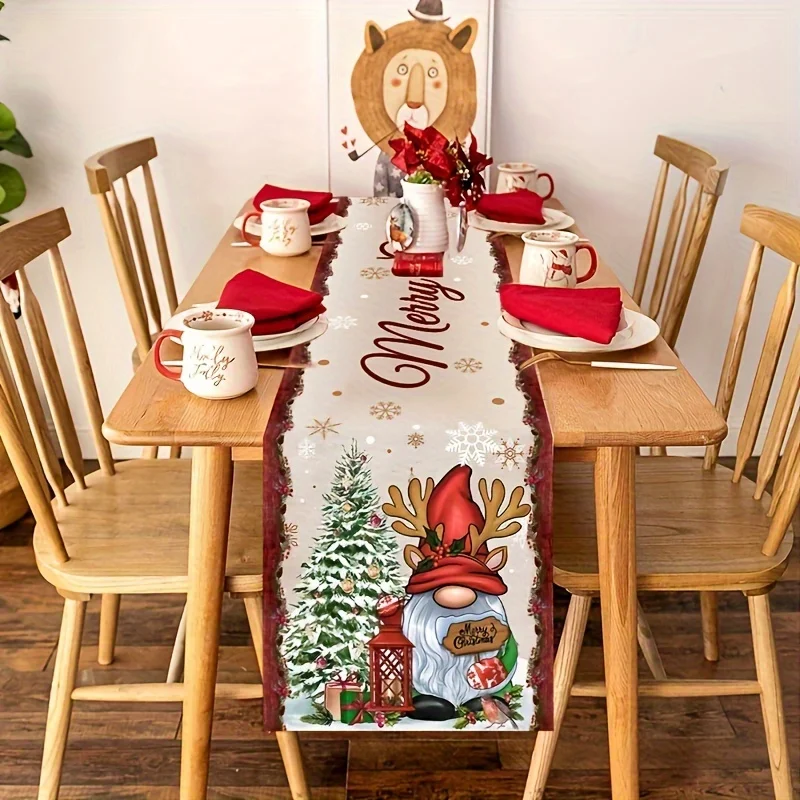 Christmas Gnome Snowflakes Xmas Tree Linen Table Runner Party Decor Farmhouse Kitchen Dining Table Runner Christmas Decoraitons