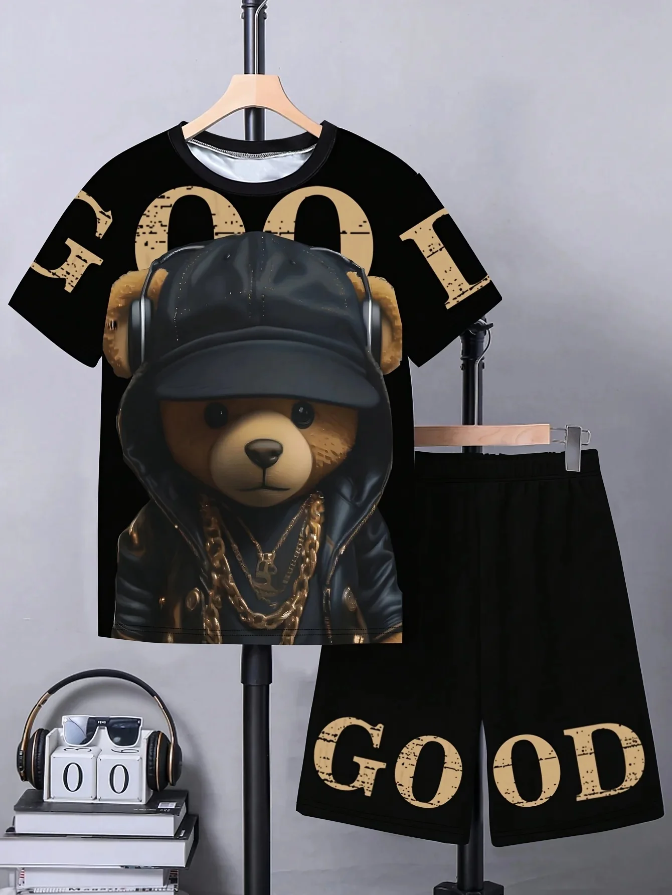 

New Summer Set Men's T-shirt Trendy Men's Street Cartoon Printed Round Neck Men's Set Fashionable Handsome Sports Two Piece Set
