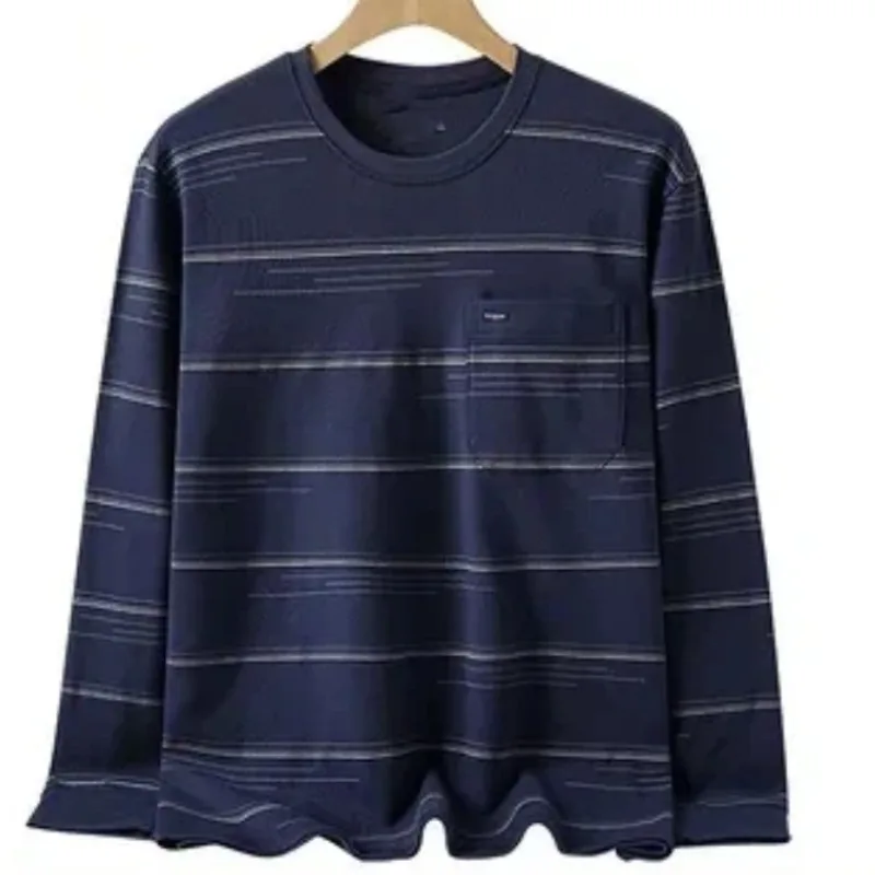 Men Dad Style Striped Long Sleeve Tee Elderly Casual Pocket Top Autumn Winter Basic Shirt