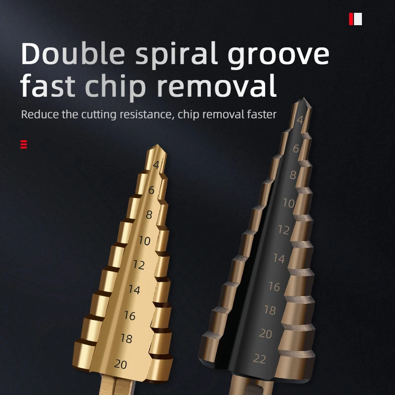 3-12 4 -12 4-20MM HSS Punta a gradino per pagoda scanalata dritta 3 pezzi Set di punte per alesatore con codolo esagonale Foro in metallo per legno rivestito in titanio