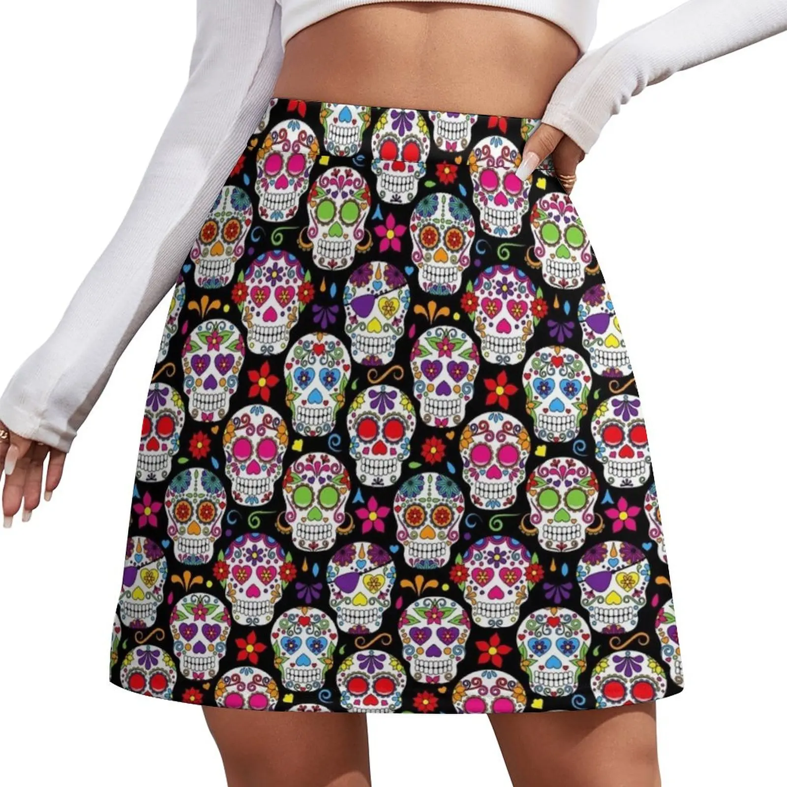 

brightly colored sugar skulls on a black background Mini Skirt new in dresses women's skirts trend 2026 fashion