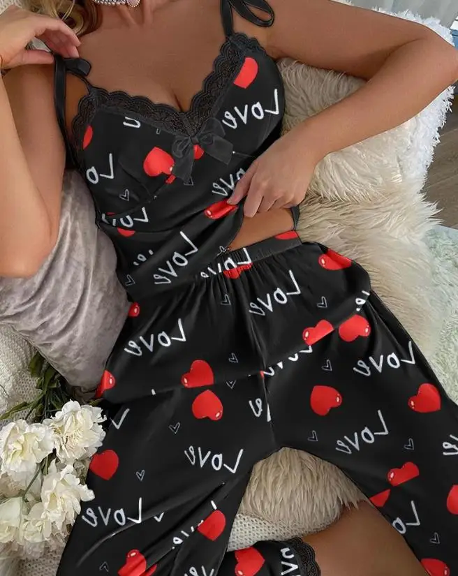 Suspended Tank Top and Pants 2023 New Hot Selling Fashion Women's Love Print Contrast Lace Camo Set