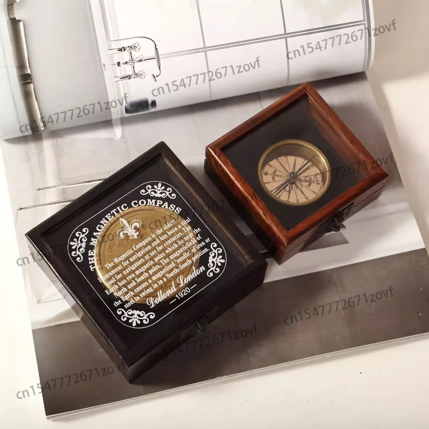 India Imported British Brass Compass Retro Compass with Wooden Box Outdoor Mountaineering Camping