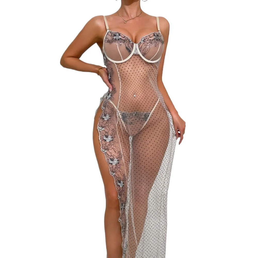 Sheer Mesh Lace Maxi Lingerie Dress, Underwire Push Up High Slit Sexy Nightgown for Honeymoon Date Night