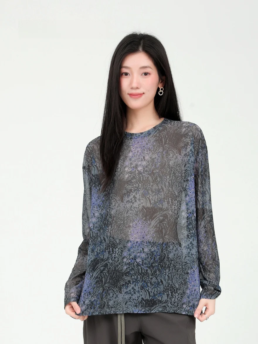 

Laurenza Spring 2026 New Long Sleeve T-Shirt Women's Faded Print Vague Skin-like Top Breathable Polyester Spandex Casual Loos...
