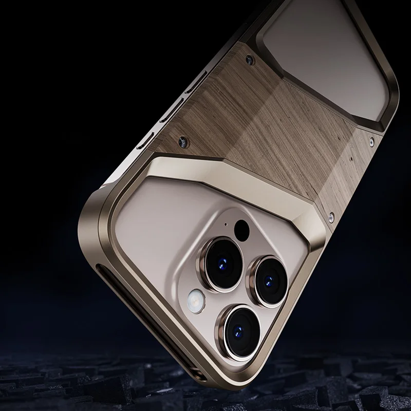 

Irregular Metal Frame Phone Case For iPhone 16e 16 15 Pro Max Aluminum Alloy Frameless Solid Wood Shockproof For iPhone 16e 16