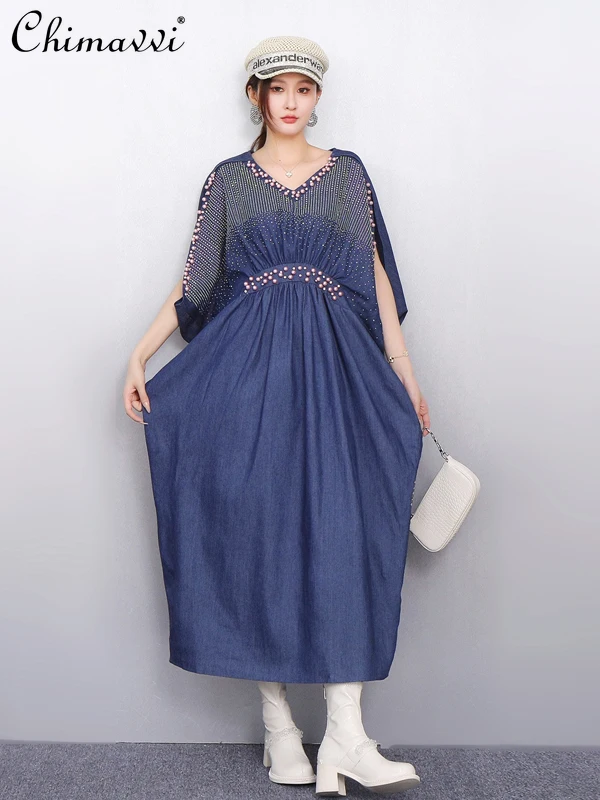

Summer New Women's Fashion Dress Loose Large Size Nailed Diamond Bat Sleeve Waist Denim Dress High Street Long Dress Women