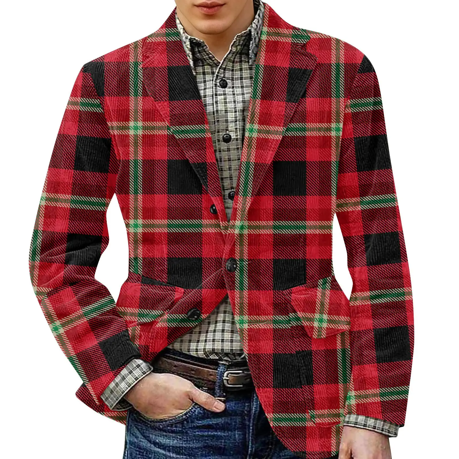 

Christmas Plaid Print Blazer MenCorduroy Casual Jacket Fashion-Forward Men's Apparel Stylish Festive Leisure Blazer