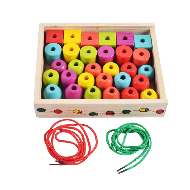 BAAA-dzieci kształt geometryczny drewniane klocki gwintowanie koraliki sortowanie układanie i podłączanie zabawki edukacyjne prezent dla malucha
