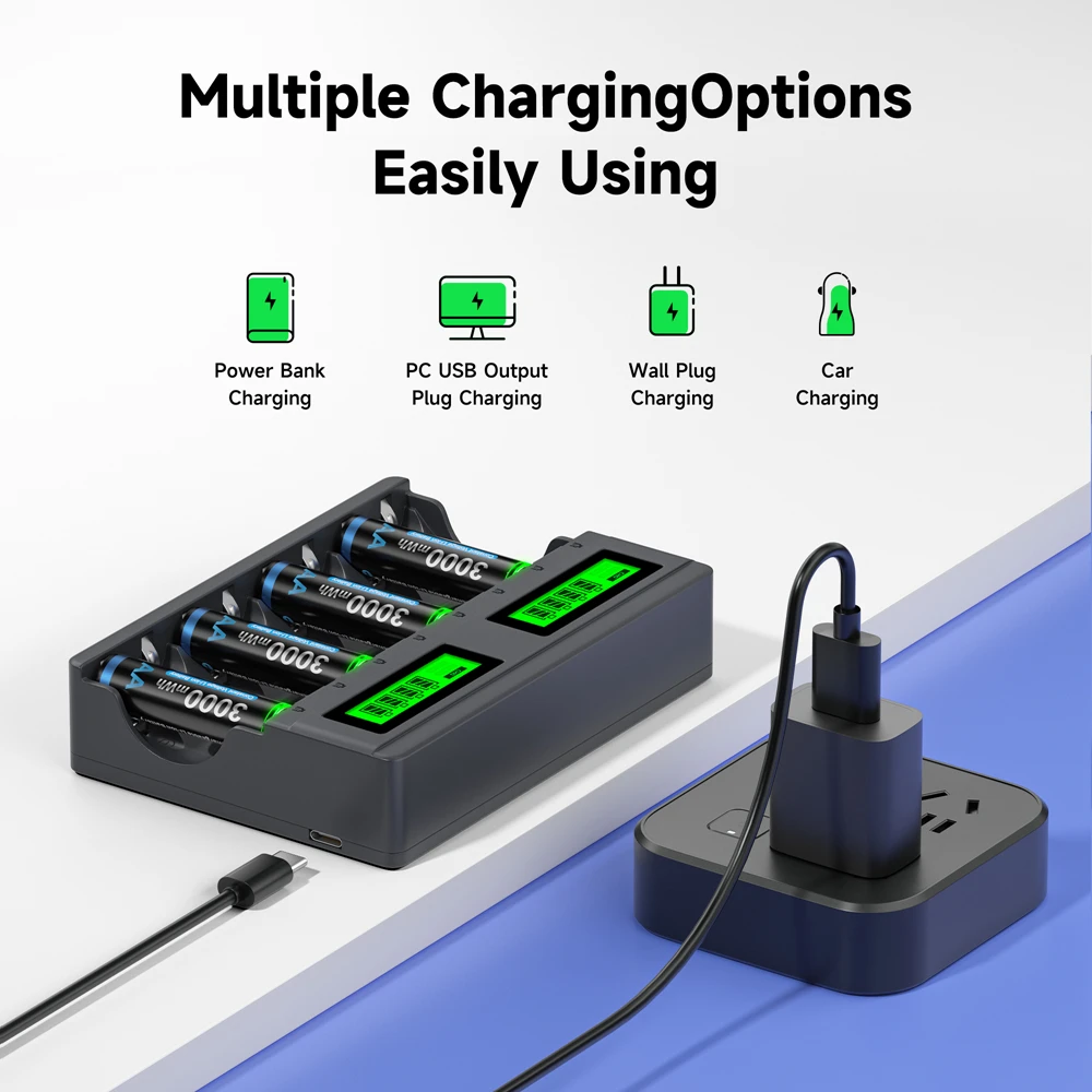 CITYORK 장난감 키보드 리모컨 무선 마우스용 리튬 이온 충전식 배터리, 8 슬롯 배터리 충전기, AAA, 1.5V, 1200mWh