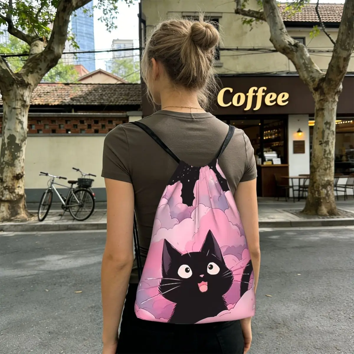 Night Black Cat On The Clouds Backpacks Multi-function Drawstring Bundle Pocket Storage Bag Book Bags for Travel Students